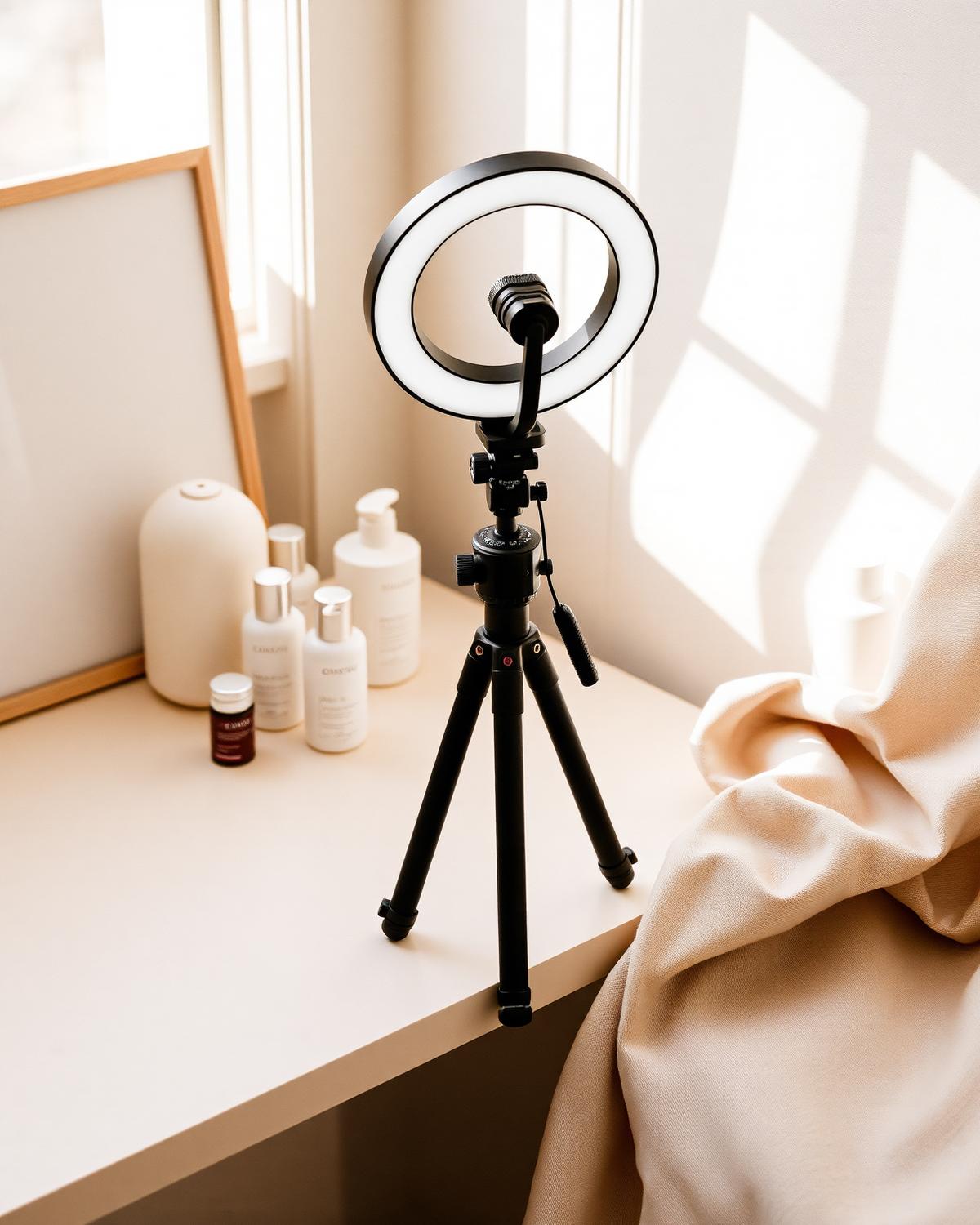 Aro de luz, trípode y productos de cuidado facial sobre un escritorio color marfil